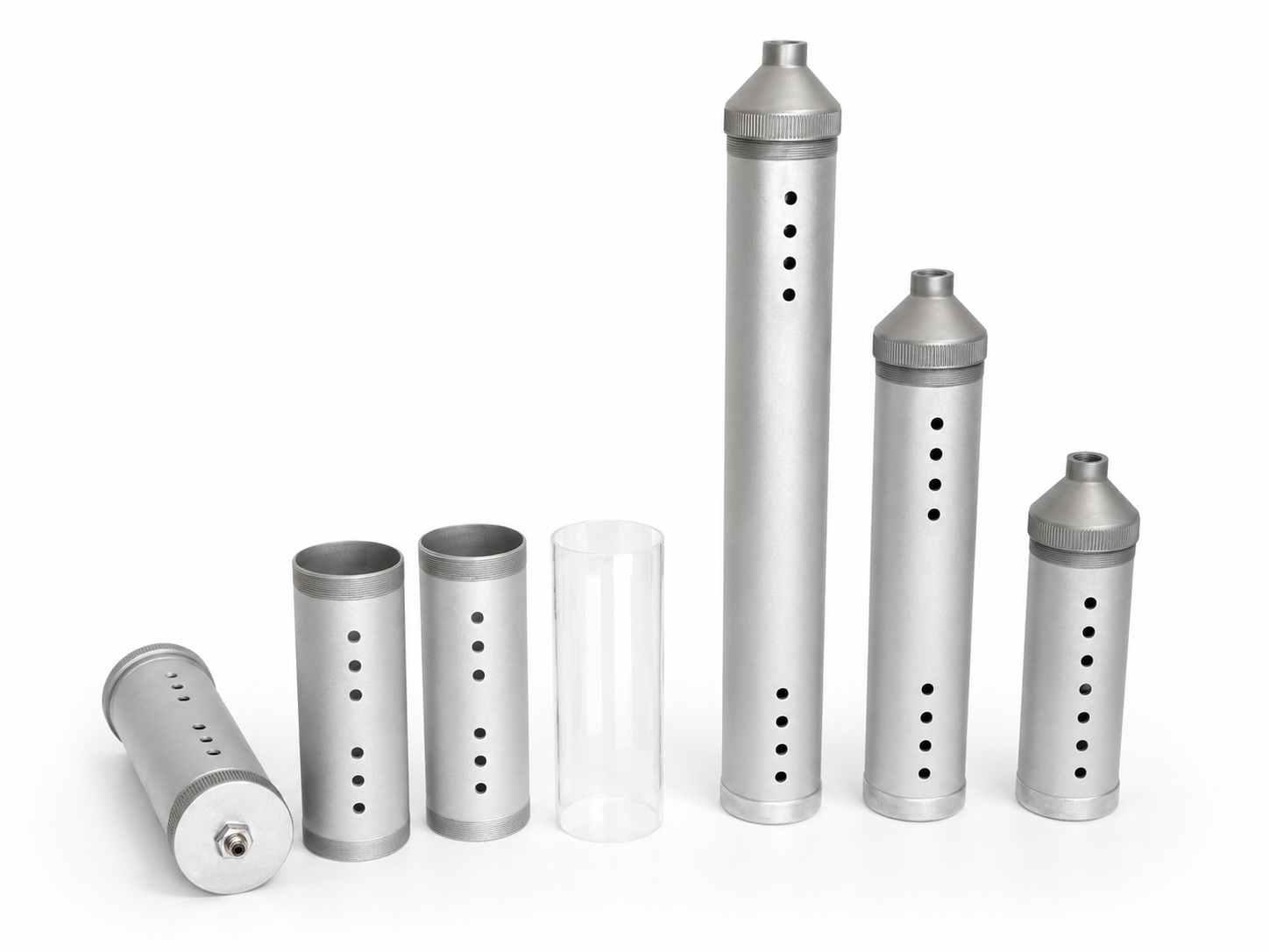 Aluminium material cylinders in several lengths with a transparent plastic variant for a clay 3D printer