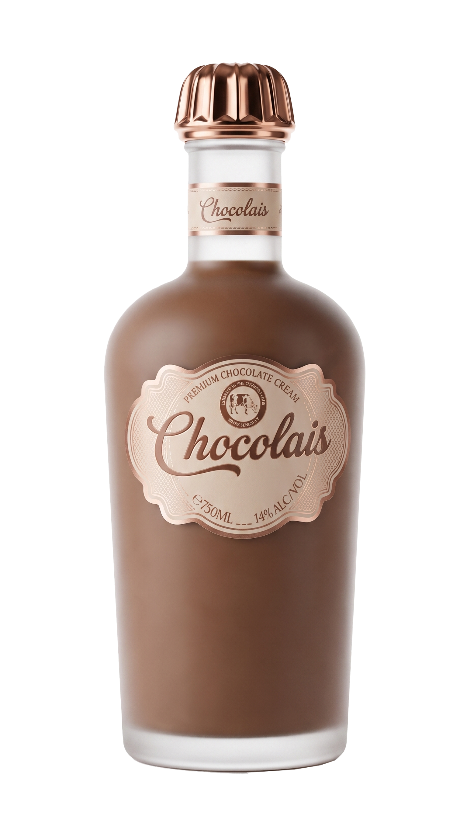 Chocolais bottle with label and copper-coloured bundt-cake cap on a white background