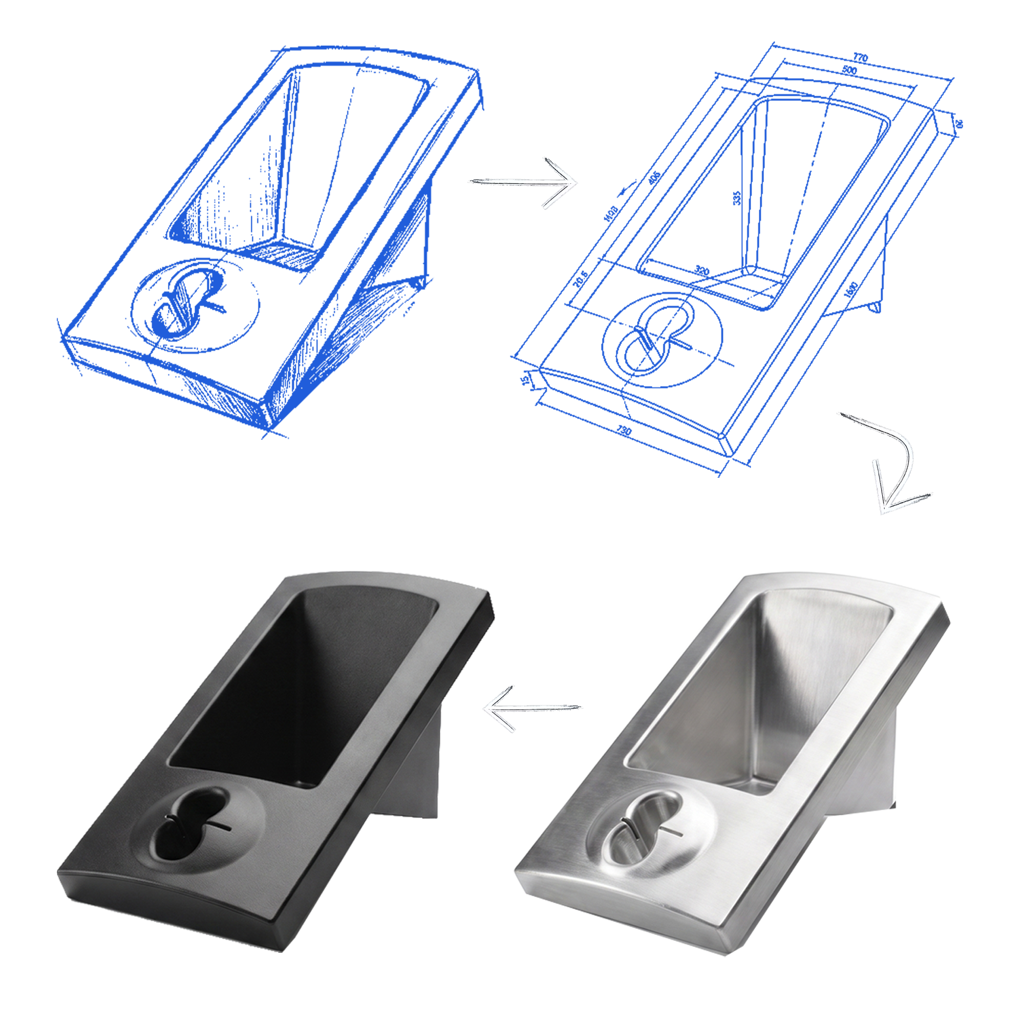 Product development in four steps: from sketch and technical drawing to a stainless steel and a black plastic enclosure part