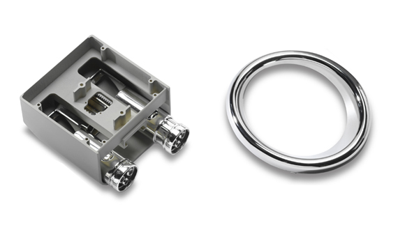 Assembled drip-tray part with black plastic base and chrome-plated grille