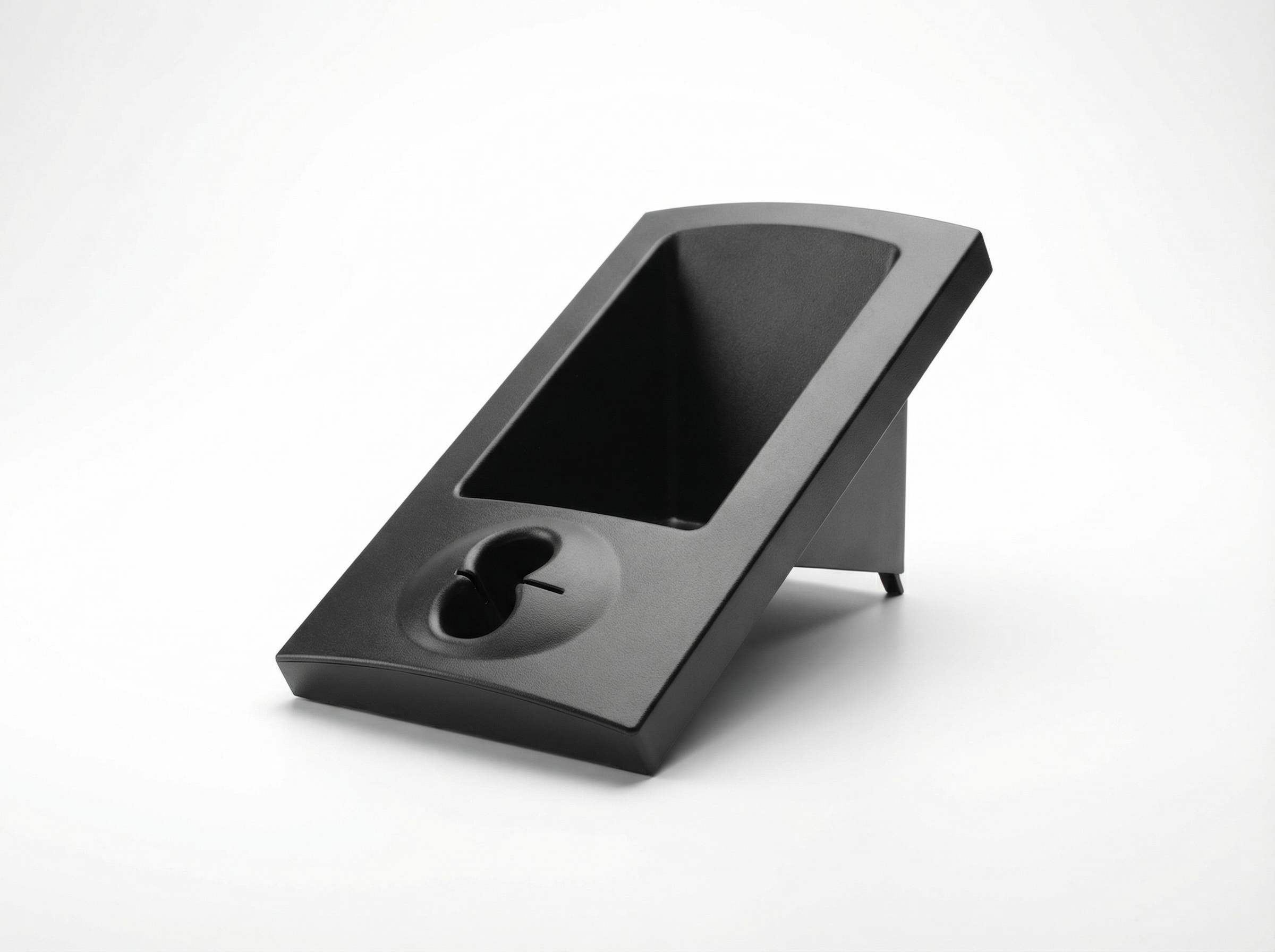 Black plastic payment-terminal enclosure part with recessed screen pocket and card opening