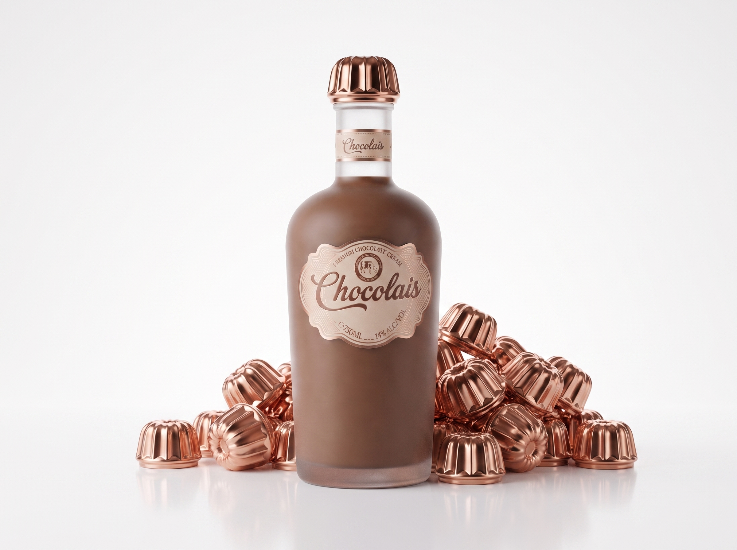 Chocolais bottle with copper-coloured bundt-cake cap among a pile of copper bundt-cake moulds