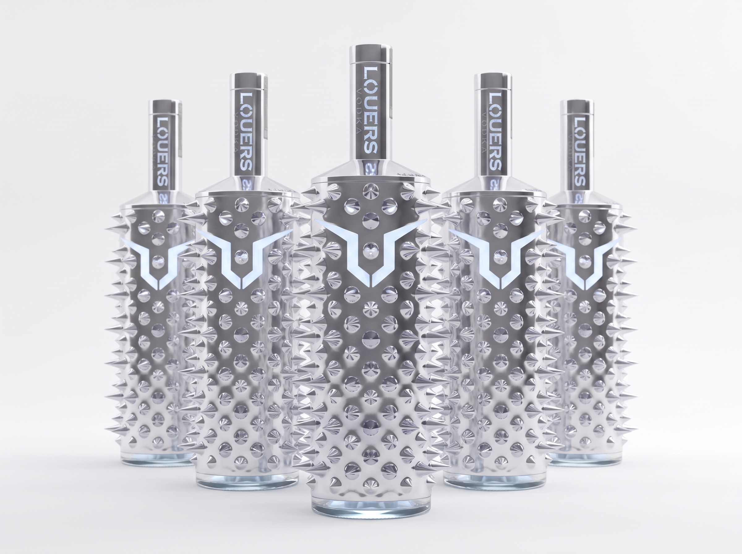 Five LOUERS Vodka bottles with chrome-finished spiked ABS sleeves and illuminated logo